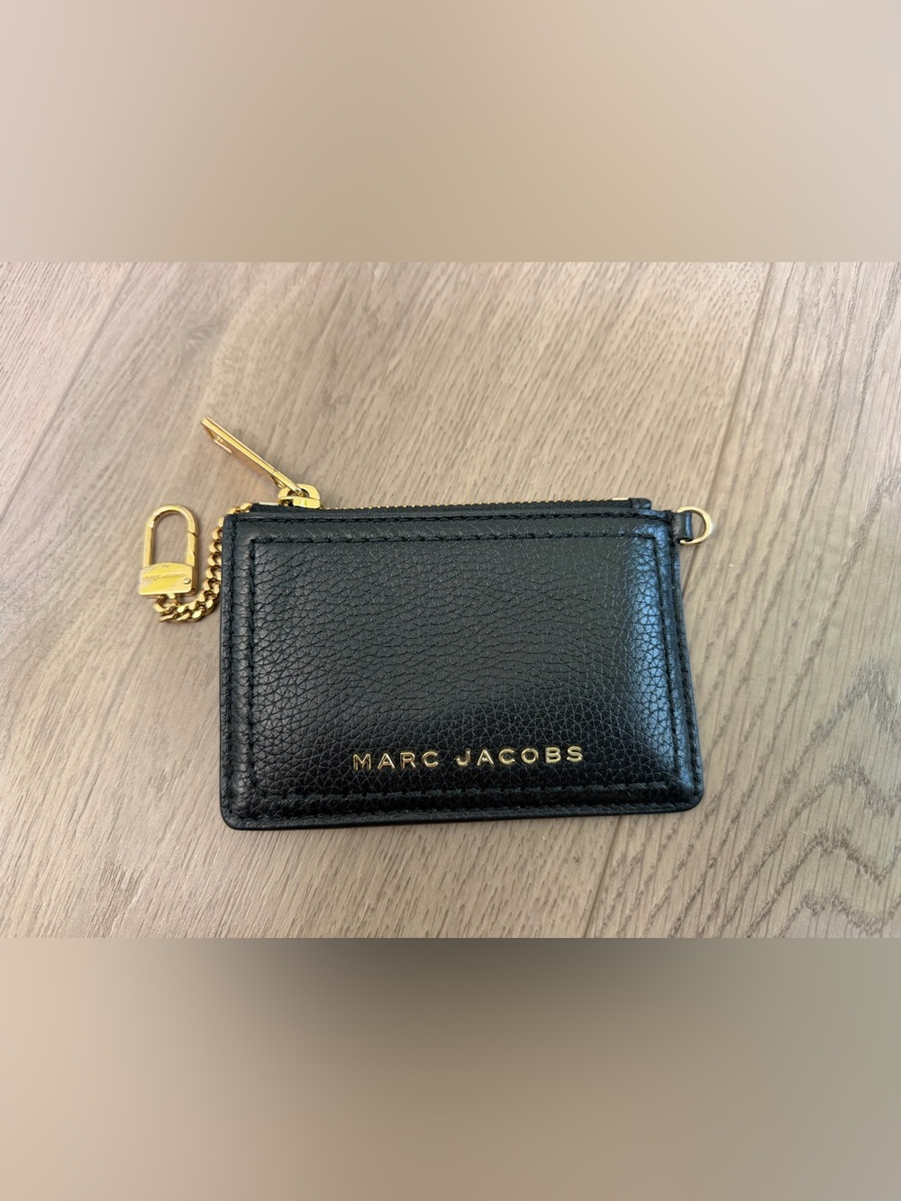 Marc Jacobs Black Pebbled Leather Card Wallet with Gold Chain